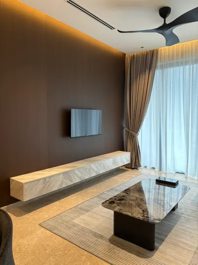Manor KLCC — Collection B interior photo of TV cabinet, feature wall, curtain, ceiling in living