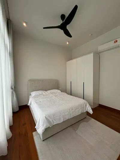 Pavilion Mayfair interior photo of bed frame, wardrobe, curtain in bedroom