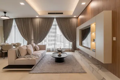 Quadro interior photo of TV cabinet, feature wall, sofa, curtain, ceiling in living