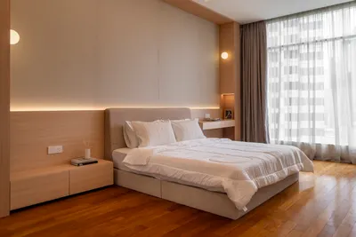 Quadro interior photo of bed frame, feature wall, curtain in master bedroom, bedroom