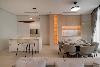 Quadro interior photo of kitchen, sofa, curtain, ceiling in living, kitchen