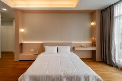 Quadro interior photo of bed frame, feature wall, ceiling, curtain, study table in master bedroom, bedroom