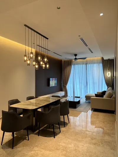 Manor KLCC — Collection B interior photo of sofa, curtain, TV cabinet, feature wall, ceiling in living