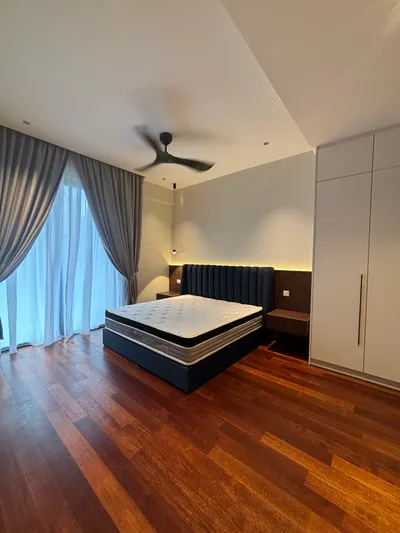 Manor KLCC — Collection B interior photo of bed frame, wardrobe, curtain, feature wall, ceiling in master bedroom, bedroom
