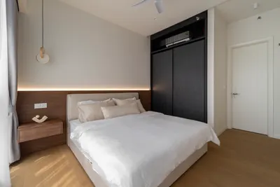 TRX Residence — Home 02 interior photo of bed frame, wardrobe, feature wall, curtain, ceiling in master bedroom, bedroom