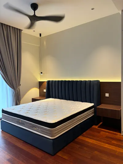 Manor KLCC — Collection B interior photo of bed frame, feature wall, curtain, ceiling in master bedroom, bedroom