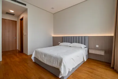 Quadro interior photo of bed frame, feature wall, ceiling, curtain in master bedroom, bedroom