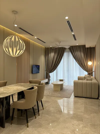 Manor KLCC — Collection C interior photo of sofa, curtain, feature wall, ceiling, TV cabinet in living