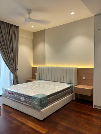 Manor KLCC — Collection B interior photo of bed frame, feature wall, curtain, ceiling in master bedroom, bedroom