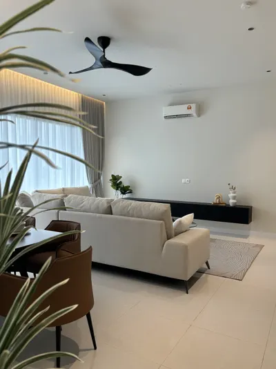 Pavilion Mayfair interior photo of sofa, TV cabinet, curtain, ceiling in living