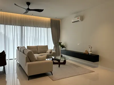 Pavilion Mayfair interior photo of sofa, TV cabinet, curtain, ceiling in living