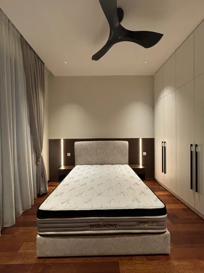 Manor KLCC — Collection B interior photo of bed frame, wardrobe, curtain, feature wall, ceiling in master bedroom, bedroom