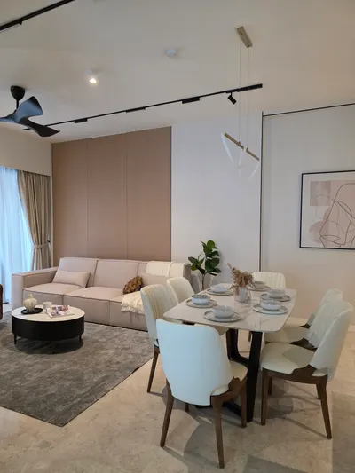 TRX Residence — Home 03 interior photo of sofa, feature wall, ceiling, curtain, other in living