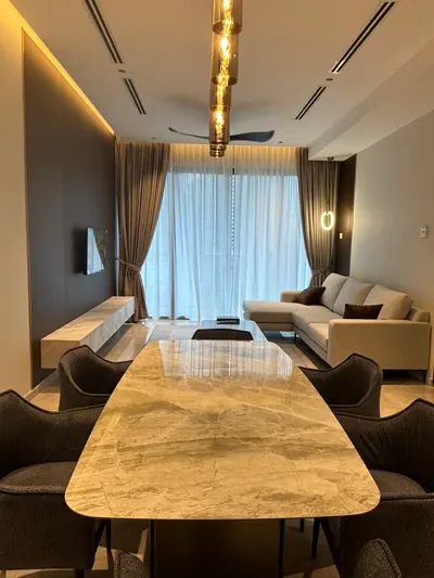 Manor KLCC — Collection B interior photo of TV cabinet, sofa, curtain, feature wall, ceiling in living