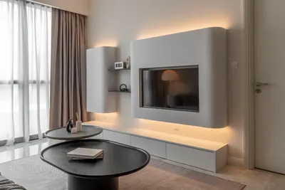 TRX Residence — Home 01 interior photo of TV cabinet, feature wall, curtain in living