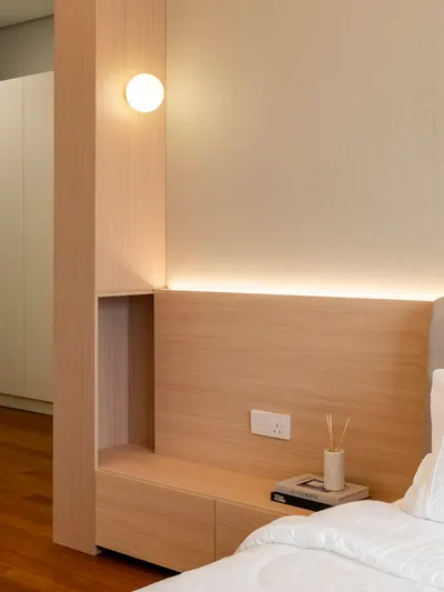 Quadro interior photo of feature wall, bed frame in bedroom