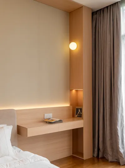 Quadro interior photo of feature wall, study table, bed frame, curtain in bedroom