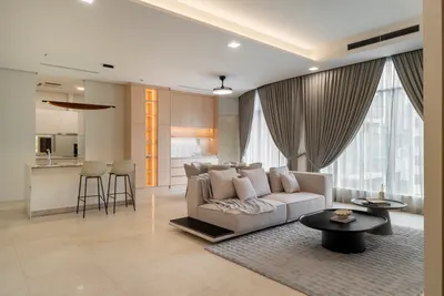 Quadro interior photo of sofa, curtain, ceiling, kitchen in living, kitchen