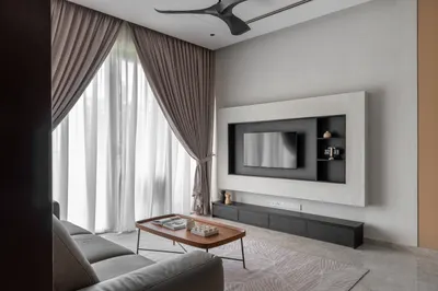 Manor KLCC — Collection A interior photo of TV cabinet, feature wall, curtain, sofa, ceiling in living