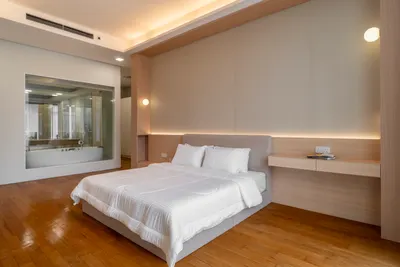Quadro interior photo of bed frame, feature wall, ceiling in master bedroom