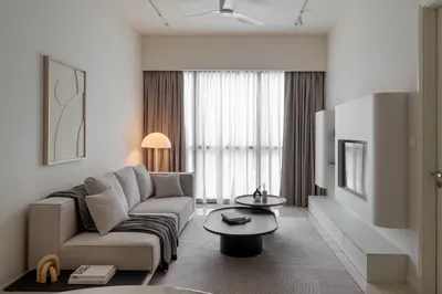 TRX Residence — Home 01 interior photo of sofa, TV cabinet, curtain, ceiling in living