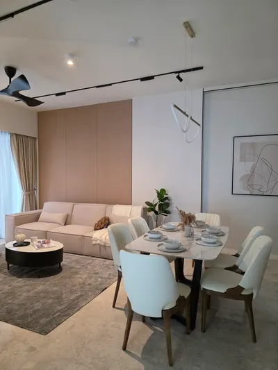 TRX Residence — Home 03 interior photo of sofa, curtain, feature wall, ceiling in living