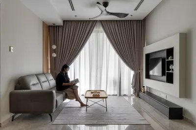 Manor KLCC — Collection A interior photo of sofa, TV cabinet, curtain, feature wall, ceiling in living