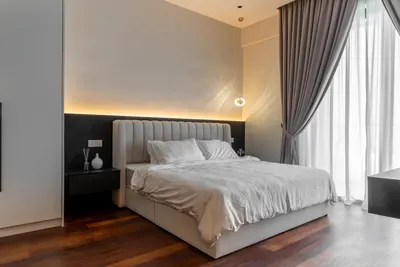 Manor KLCC — Collection A interior photo of bed frame, feature wall, curtain, ceiling in master bedroom, bedroom