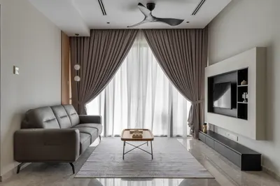 Manor KLCC — Collection A interior photo of TV cabinet, sofa, curtain, ceiling, feature wall in living