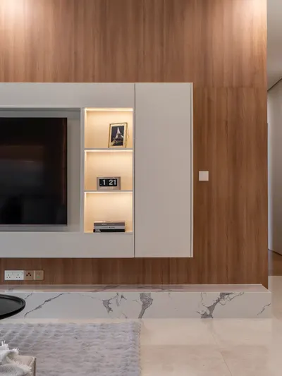 Quadro interior photo of TV cabinet, feature wall in living