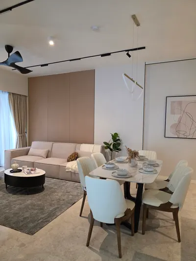 TRX Residence — Home 03 interior photo of sofa, feature wall, curtain, ceiling in living