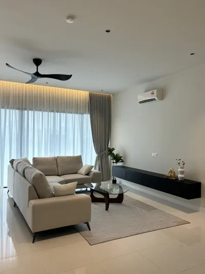 Pavilion Mayfair interior photo of sofa, TV cabinet, curtain, ceiling in living