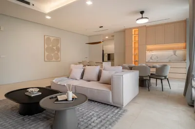 Quadro interior photo of sofa, kitchen, ceiling, curtain in living, kitchen