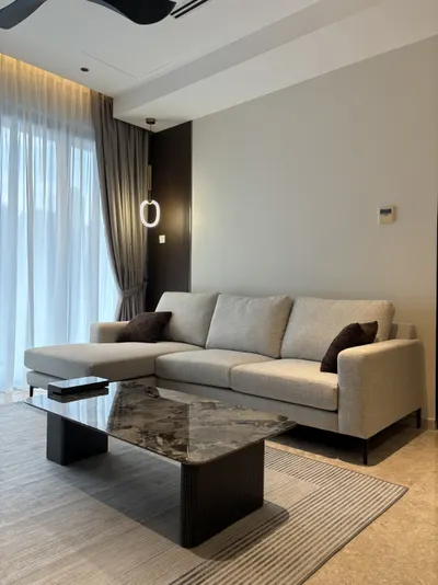 Manor KLCC — Collection B interior photo of sofa, curtain, ceiling in living