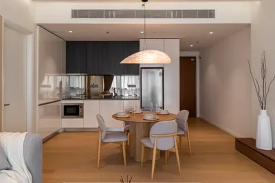 TRX Residence — Home 02 interior photo of kitchen, ceiling in kitchen, living