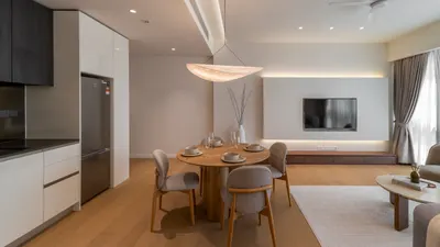 TRX Residence — Home 02 interior photo of kitchen, TV cabinet, feature wall, ceiling, curtain, sofa in living, kitchen