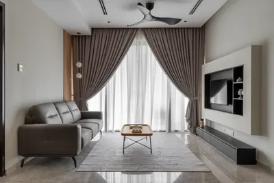 Manor KLCC — Collection A interior photo of TV cabinet, sofa, curtain, ceiling, feature wall in living