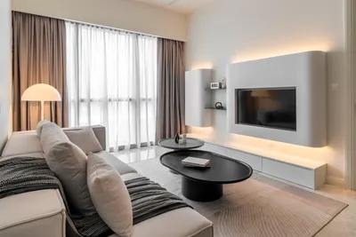 TRX Residence — Home 01 interior photo of TV cabinet, feature wall, sofa, curtain in living