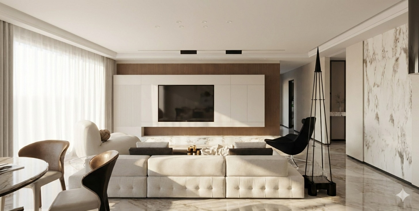Original living-room design concept showing a timber and white TV feature wall